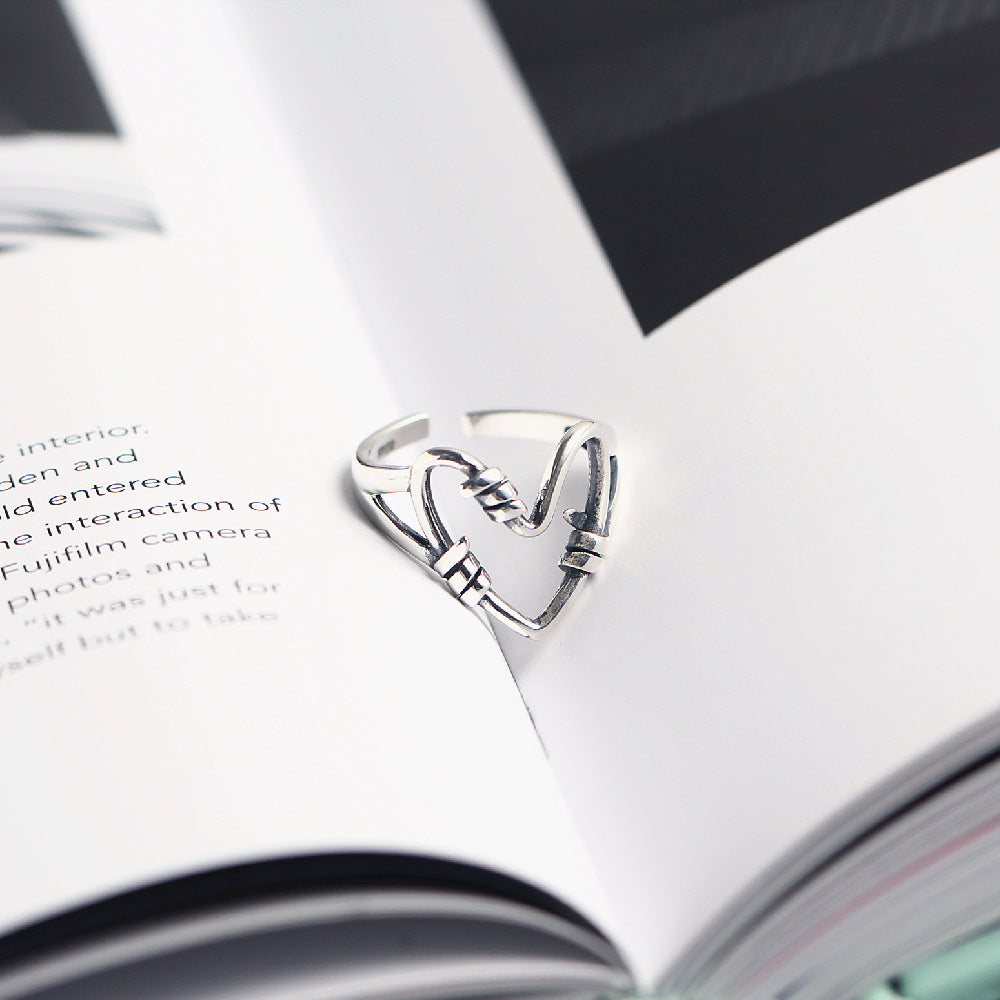 Minimalist 925 Sterling Silver Heart Ring Vintage Finish Geometric Design for Women