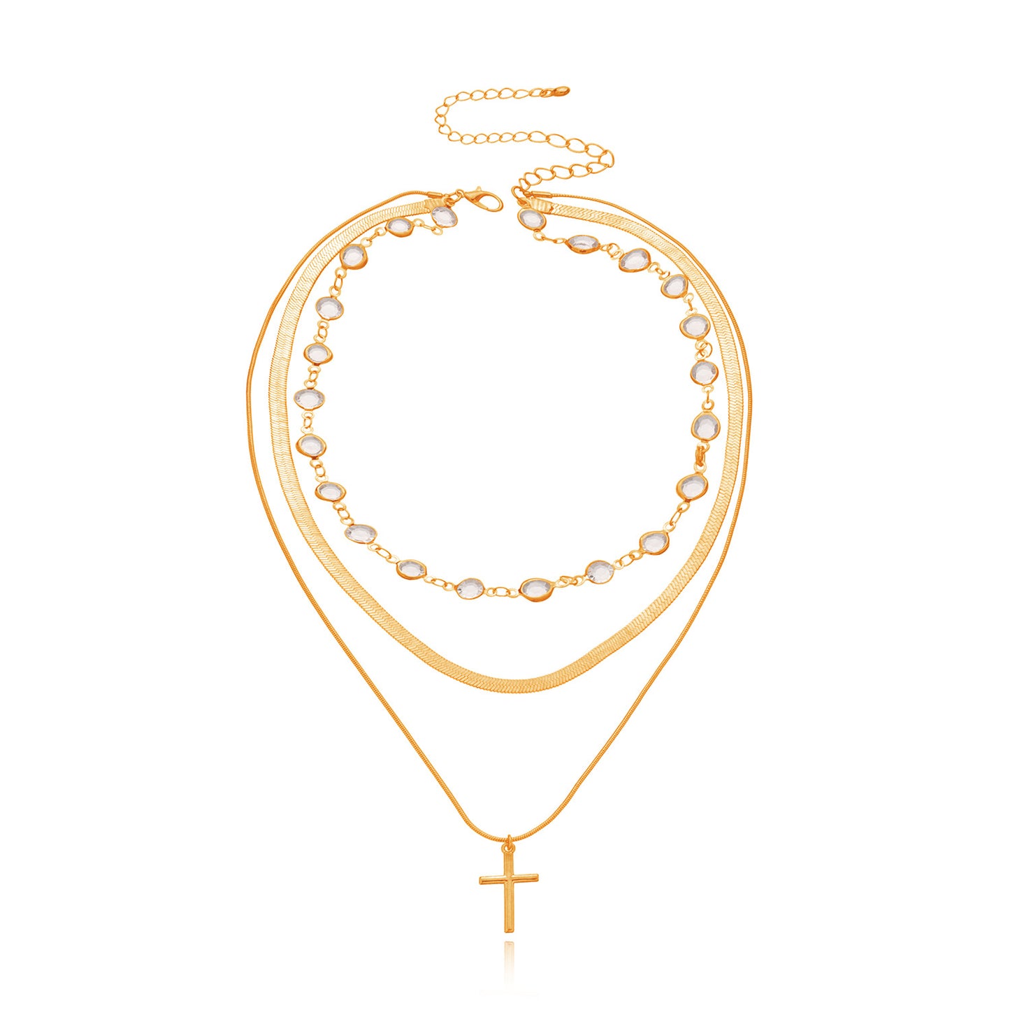 Women's Fashion Rhinestone Cross Pendant Necklace, Multi-Layer Water Wave Chain, Alloy Plated Jewelry, Elegant Stylish Accessory
