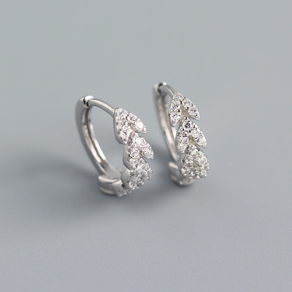 Sweet 925 Sterling Silver Heart Leaf Rhinestone Hoop Earrings for Women