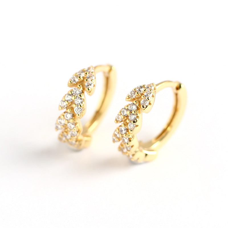 Sweet 925 Sterling Silver Heart Leaf Rhinestone Hoop Earrings for Women