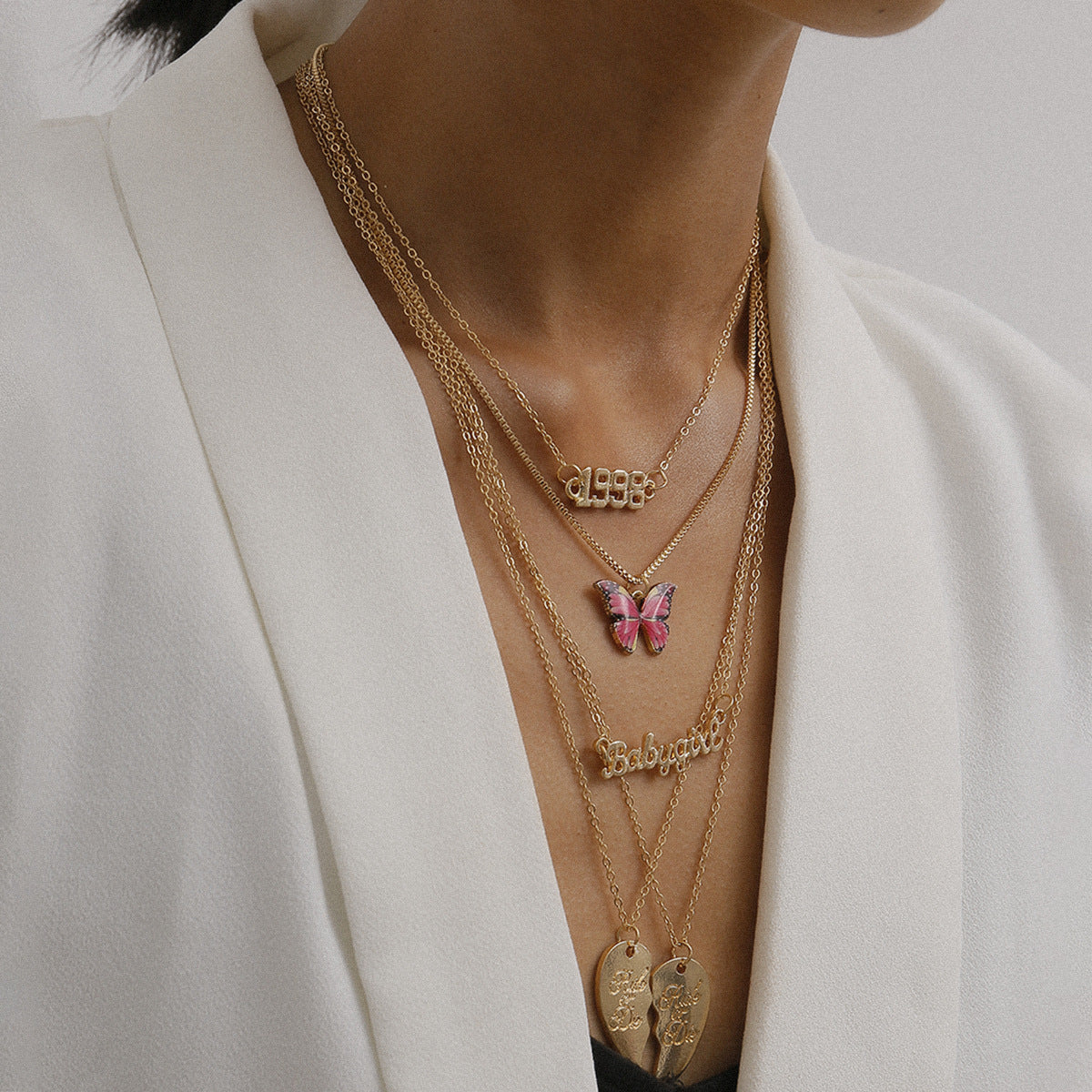 Punk Minimalist Heart Butterfly Letter Alloy Plated Necklace Curb Chain Women