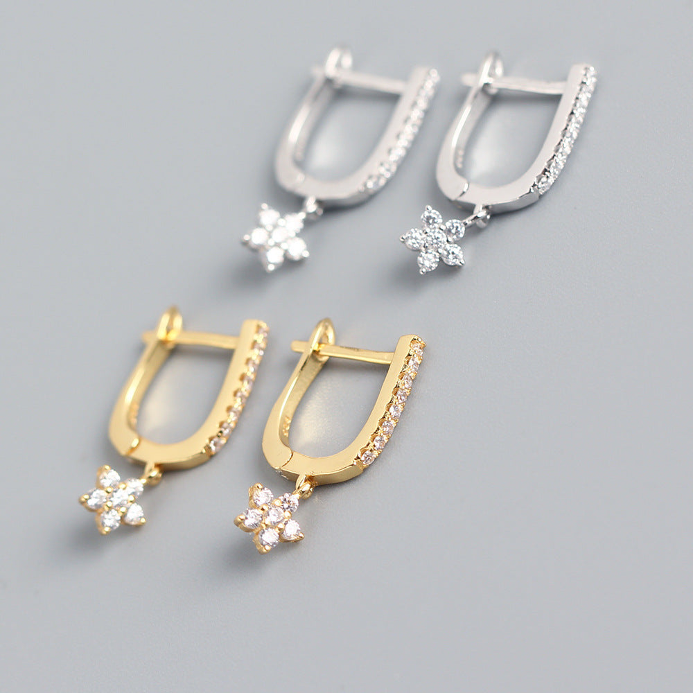 Orecchini da donna di lusso minimalisti in argento sterling 925 con intarsio di strass a forma di stella a U