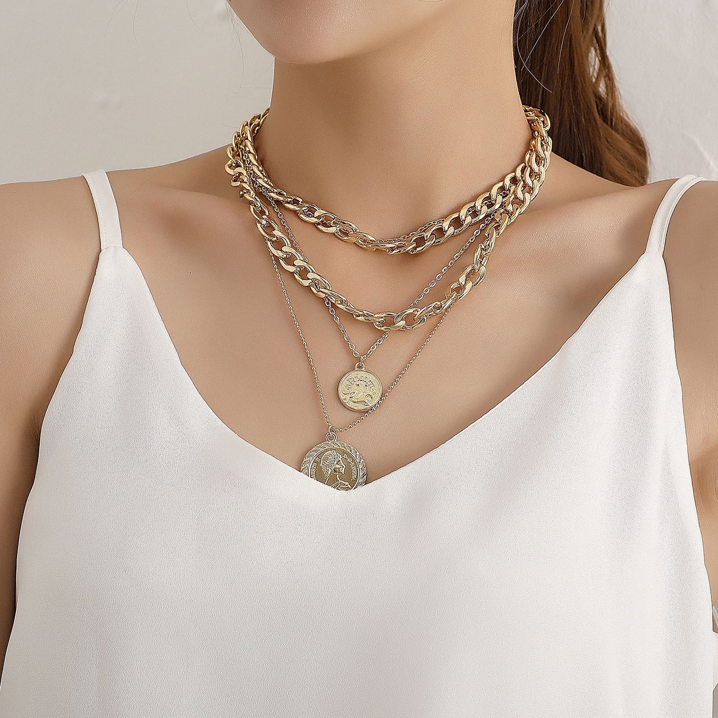 Women's Geometric Alloy Multi-Layer Pendant Necklace, Plated Cross Chain Fashion Jewelry, Stylish Handmade Accessory
