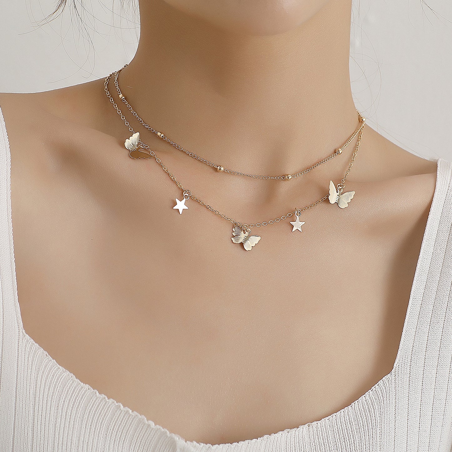 Women's Butterfly Star Pendant Necklace Alloy Plated Double Layer Round Bead Chain Fashion Jewelry