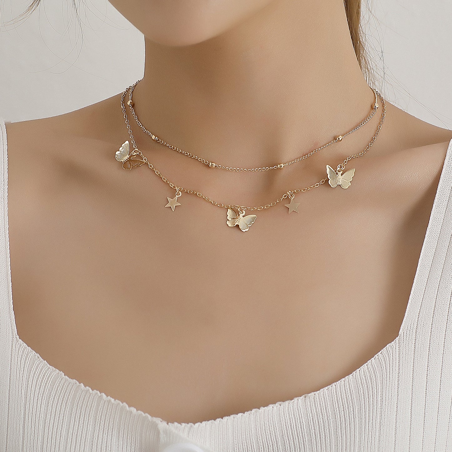 Women's Butterfly Star Pendant Necklace Alloy Plated Double Layer Round Bead Chain Fashion Jewelry