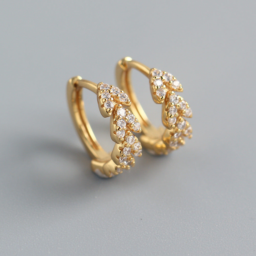 Sweet 925 Sterling Silver Heart Leaf Rhinestone Hoop Earrings for Women