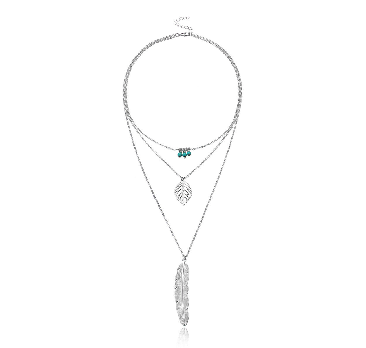 Women's Multi-Layer Leaf Pendant Necklace with Feather and Turquoise Beads Alloy Chain Jewelry