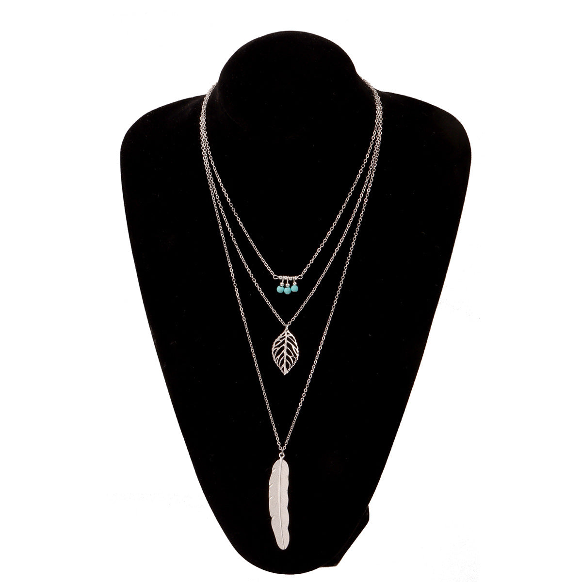 Women's Multi-Layer Leaf Pendant Necklace with Feather and Turquoise Beads Alloy Chain Jewelry