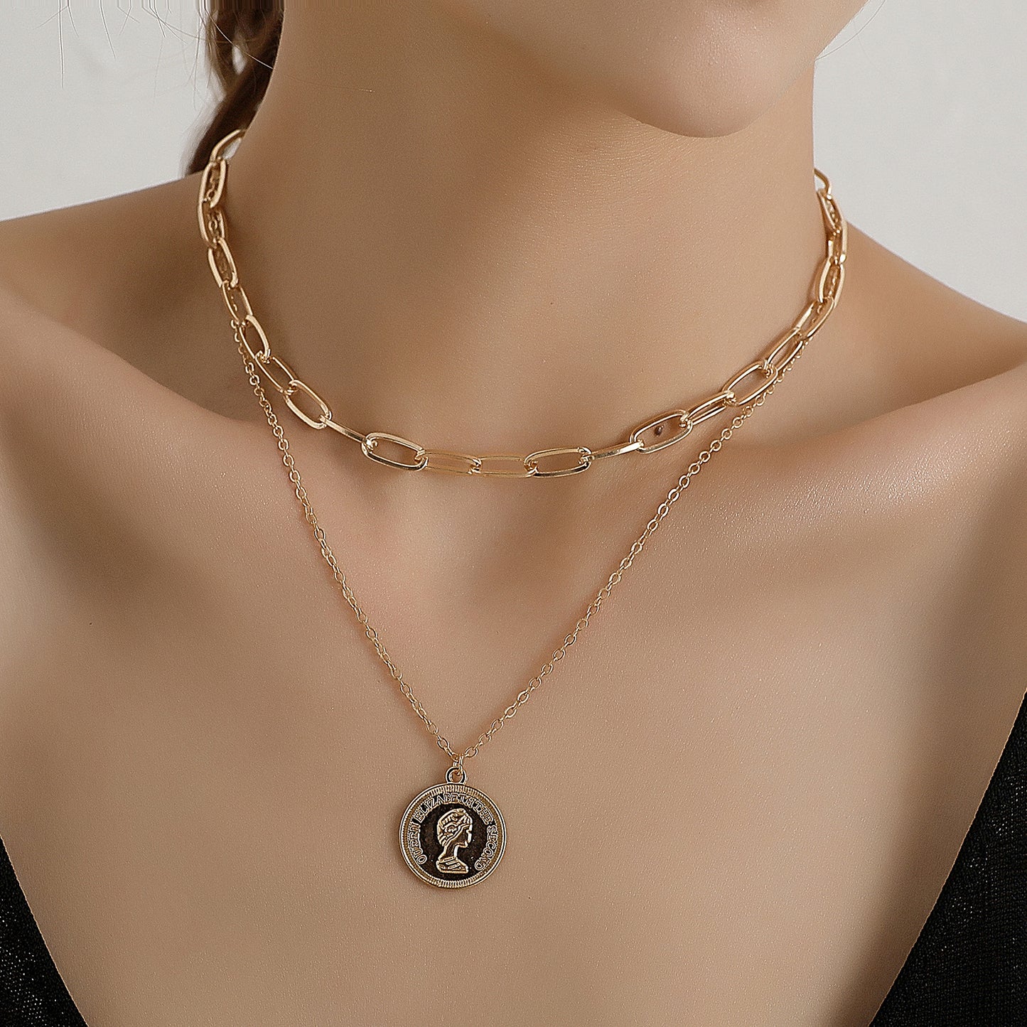 Punk Streetwear Geometric Cross Chain Necklace for Women, Double Layer Alloy Pendant Jewelry, Plated Finish