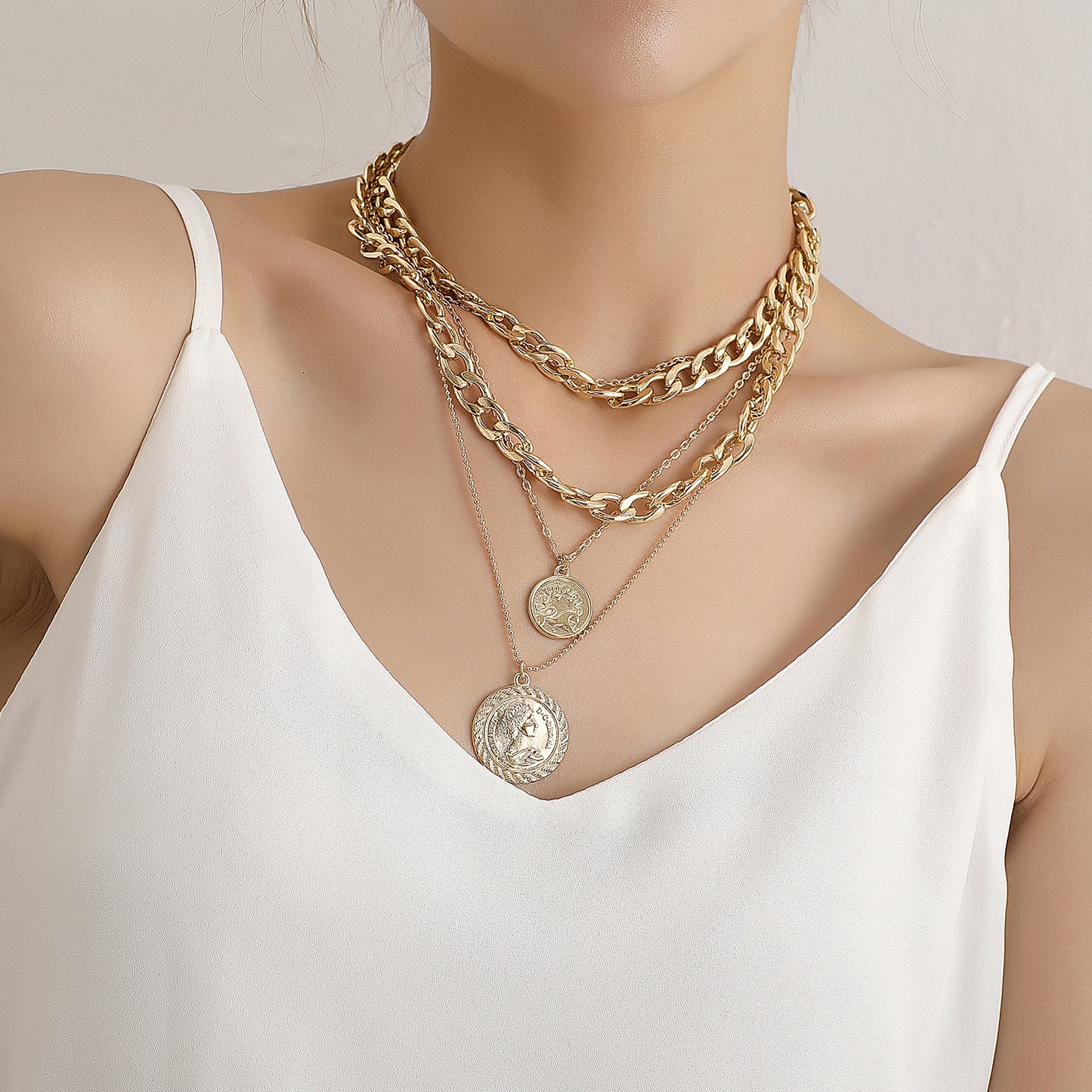 Women's Geometric Alloy Multi-Layer Pendant Necklace, Plated Cross Chain Fashion Jewelry, Stylish Handmade Accessory