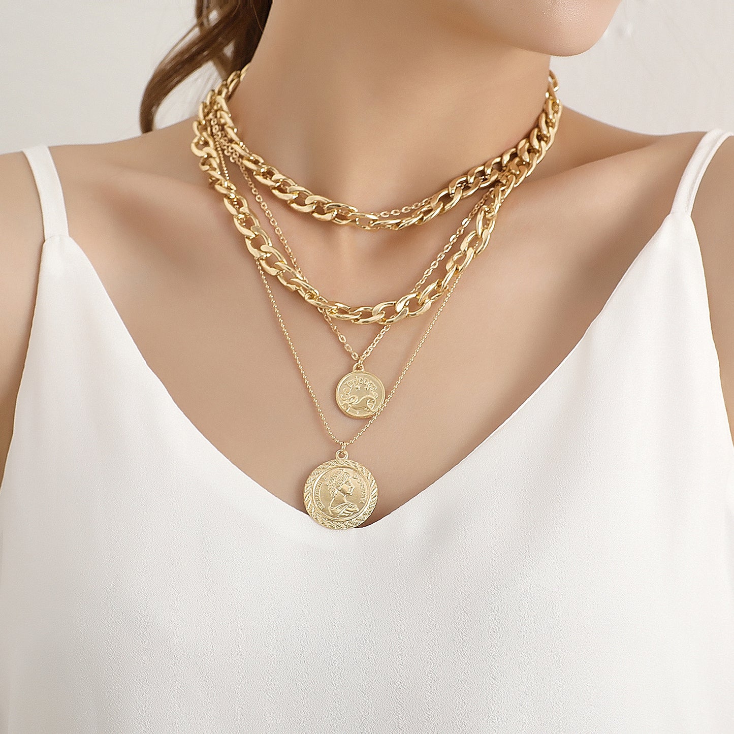 Women's Geometric Alloy Multi-Layer Pendant Necklace, Plated Cross Chain Fashion Jewelry, Stylish Handmade Accessory