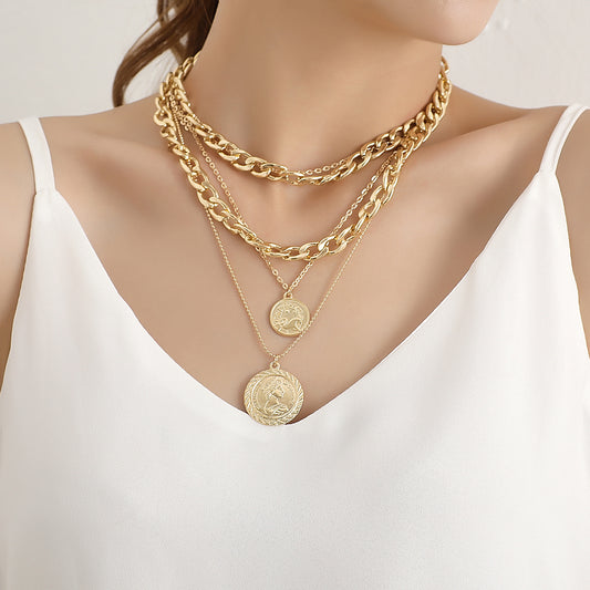 Collana pendente multistrato geometrica da donna in lega, gioielli di moda con catena a croce placcata, accessorio elegante fatto a mano