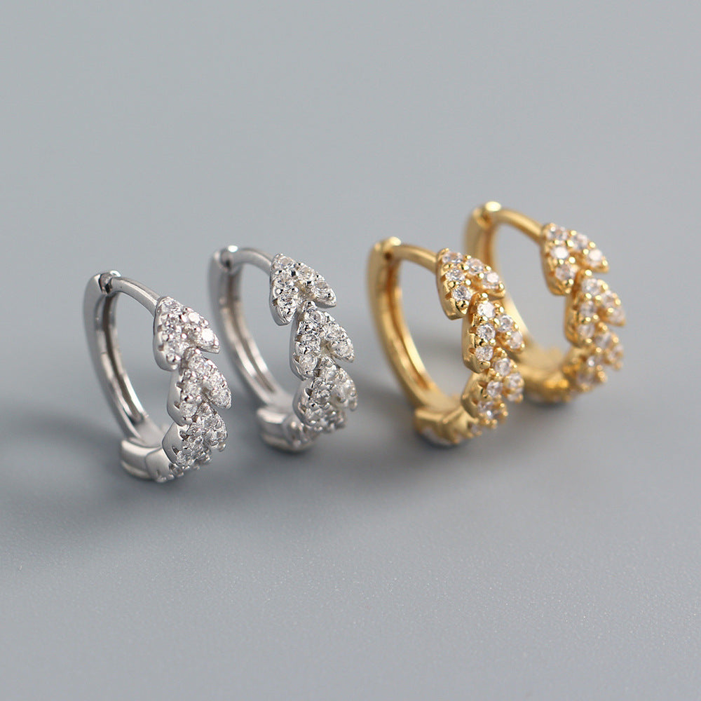 Sweet 925 Sterling Silver Heart Leaf Rhinestone Hoop Earrings for Women
