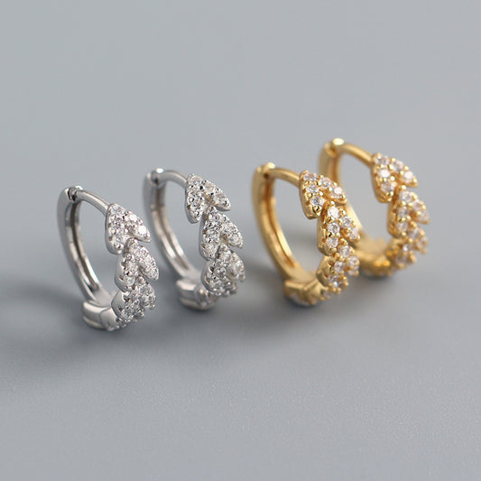 Lindos pendientes de aro de plata de ley 925 con diseño de corazón y hoja con diamantes de imitación para mujer