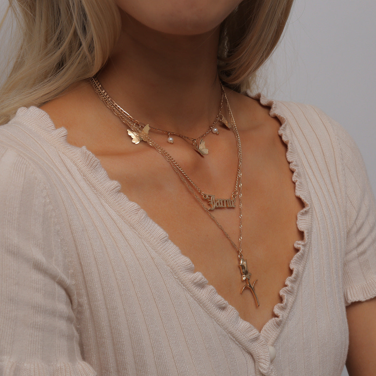 Vintage Hollow Letter Butterfly Alloy Plated Necklace Curb Chain