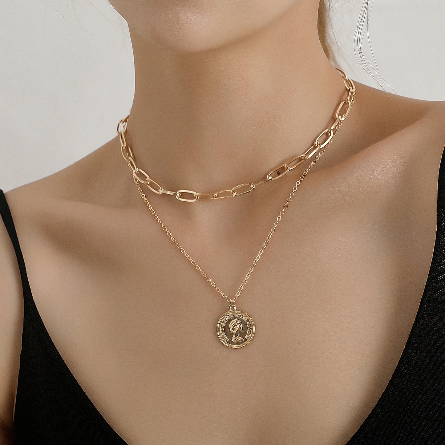 Punk Streetwear Geometric Cross Chain Necklace for Women, Double Layer Alloy Pendant Jewelry, Plated Finish