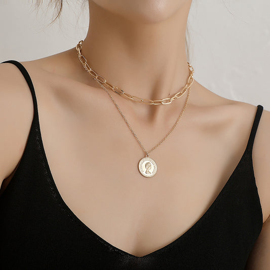 Punk Streetwear Geometric Cross Chain Necklace for Women, Double Layer Alloy Pendant Jewelry, Plated Finish