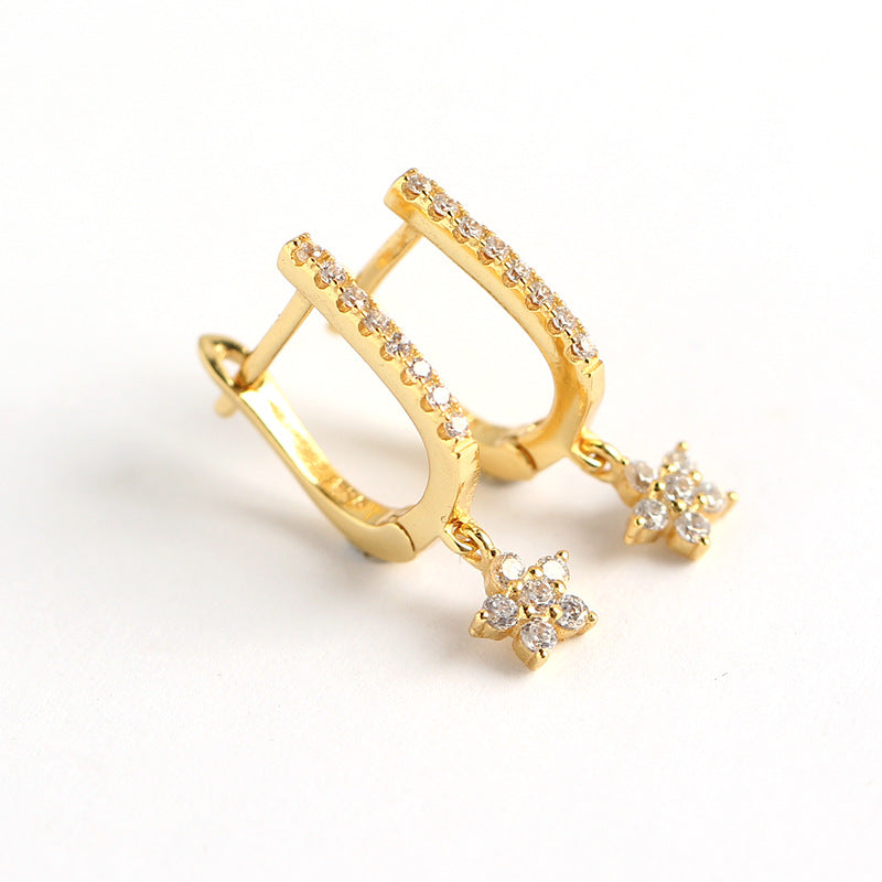 Orecchini da donna di lusso minimalisti in argento sterling 925 con intarsio di strass a forma di stella a U