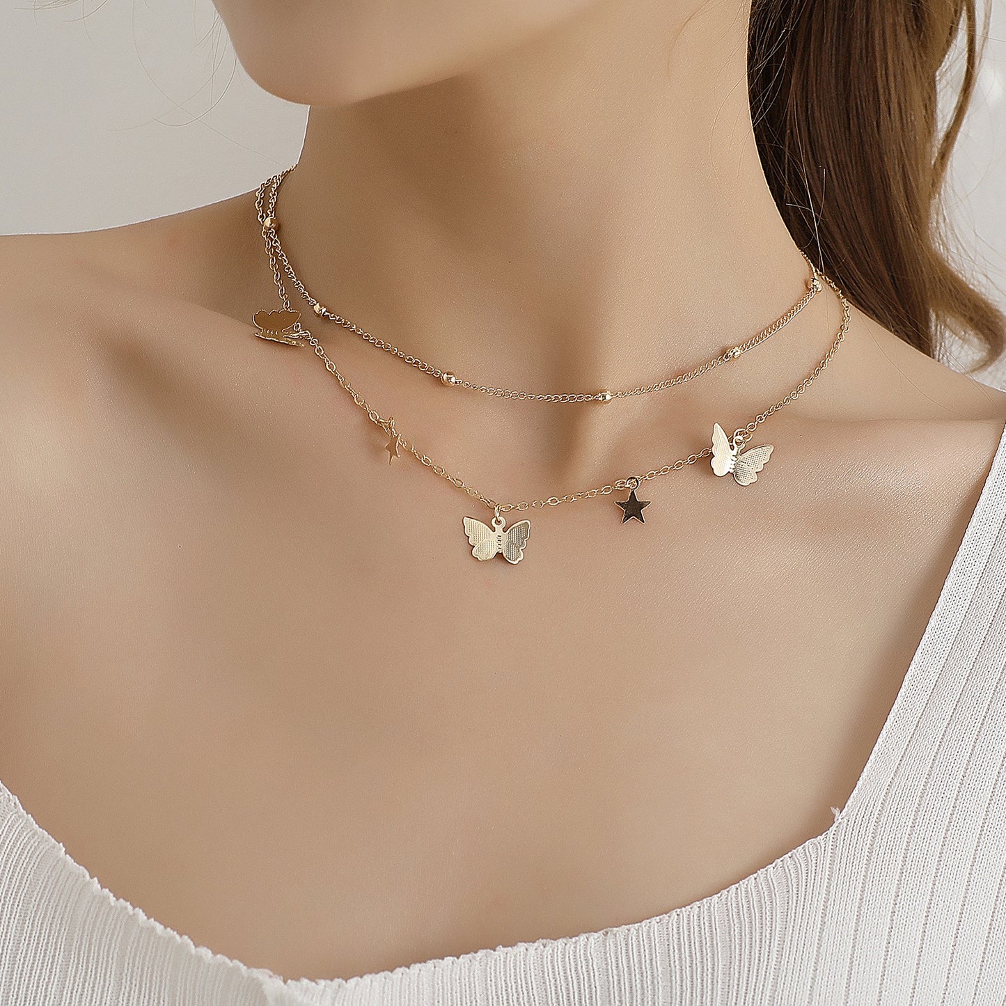 Women's Butterfly Star Pendant Necklace Alloy Plated Double Layer Round Bead Chain Fashion Jewelry