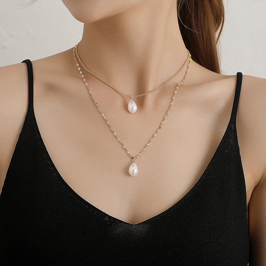 Collana da donna con ciondolo a perla a goccia, stile minimalista moderno, catena a maglie intrecciate in lega, gioielli placcati