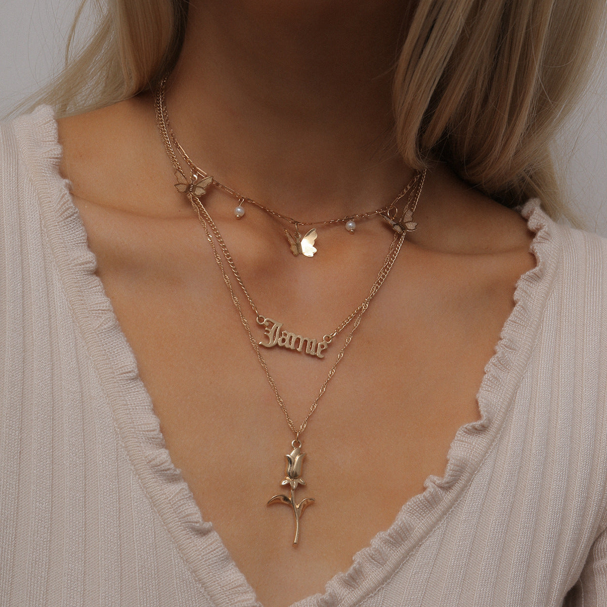 Vintage Hollow Letter Butterfly Alloy Plated Necklace Curb Chain