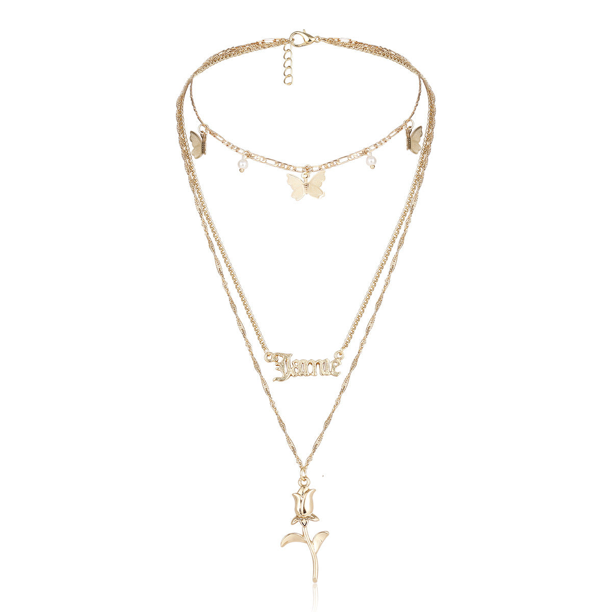 Vintage Hollow Letter Butterfly Alloy Plated Necklace Curb Chain