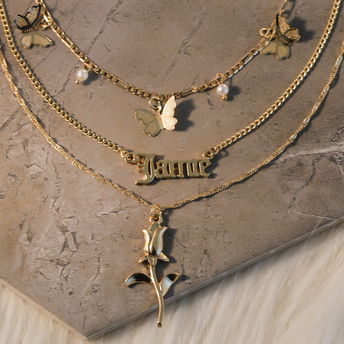 Vintage Hollow Letter Butterfly Alloy Plated Necklace Curb Chain