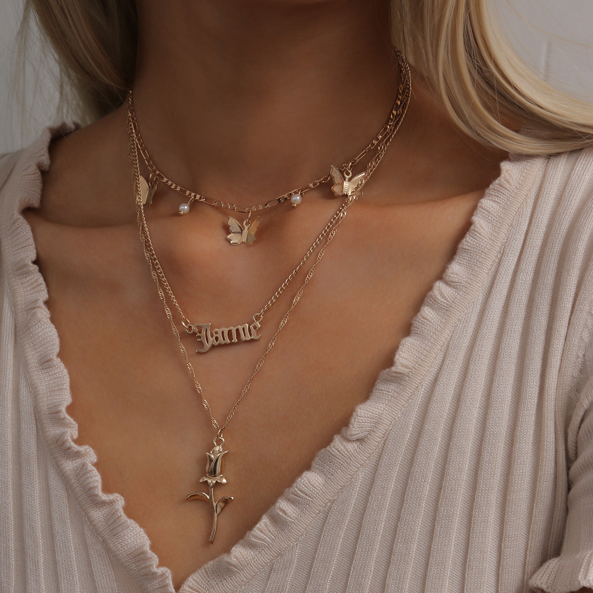 Vintage Hollow Letter Butterfly Alloy Plated Necklace Curb Chain