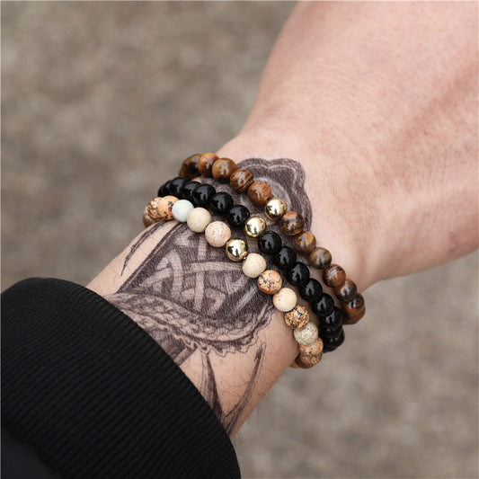 Matte Round Tiger Eye and Picture Stone Brass Beaded Bracelet Set
