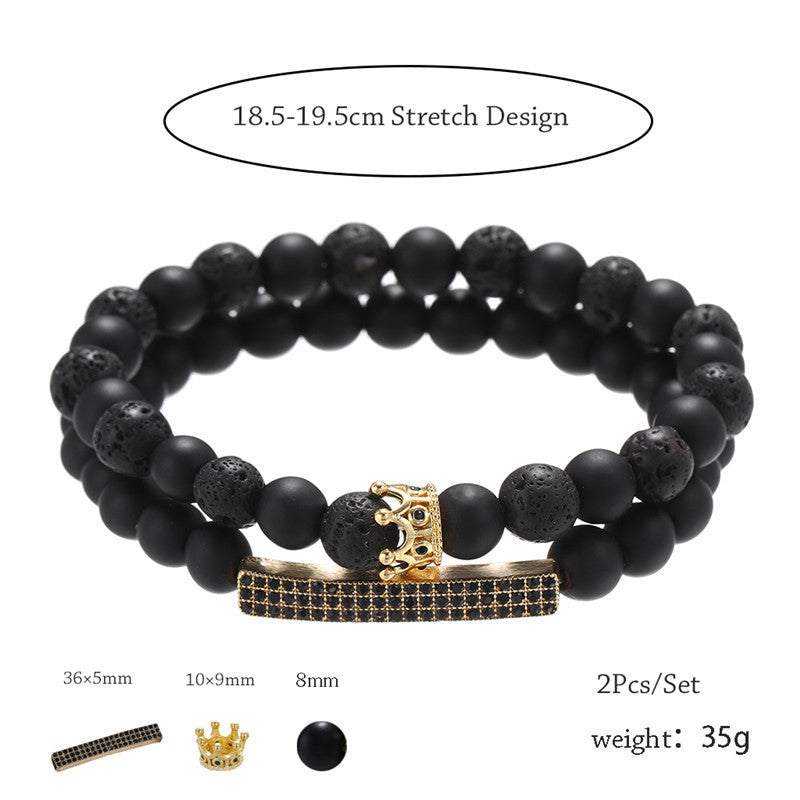 Casual Geometric Crown Alloy Bracelet Set with Micro-Inlaid Cubic Zirconia and Black Lava Stone