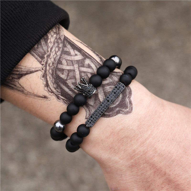 Matte Black Geometric Brass Bracelet with Cubic Zirconia Crown Inlay for Men and Women
