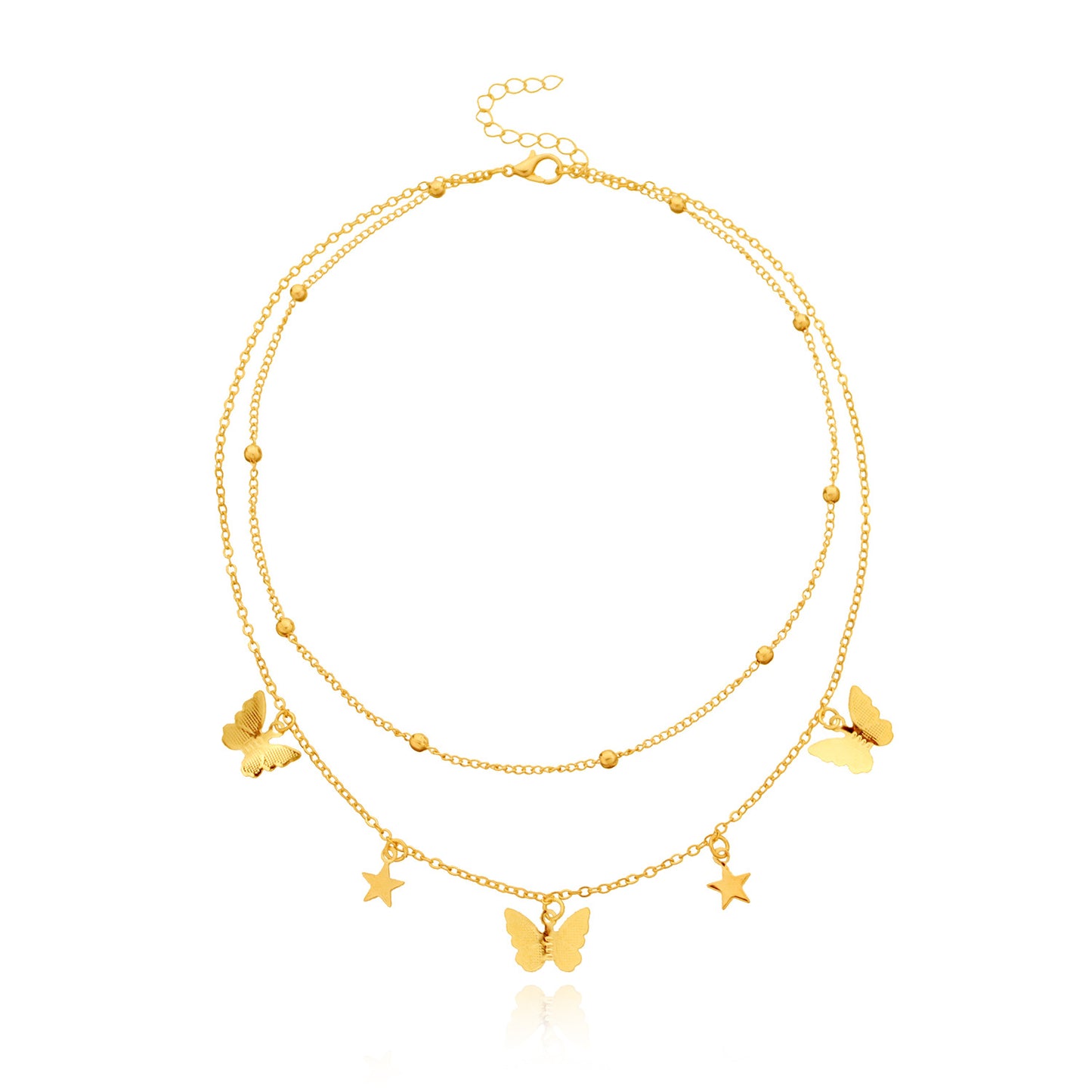 Women's Butterfly Star Pendant Necklace Alloy Plated Double Layer Round Bead Chain Fashion Jewelry