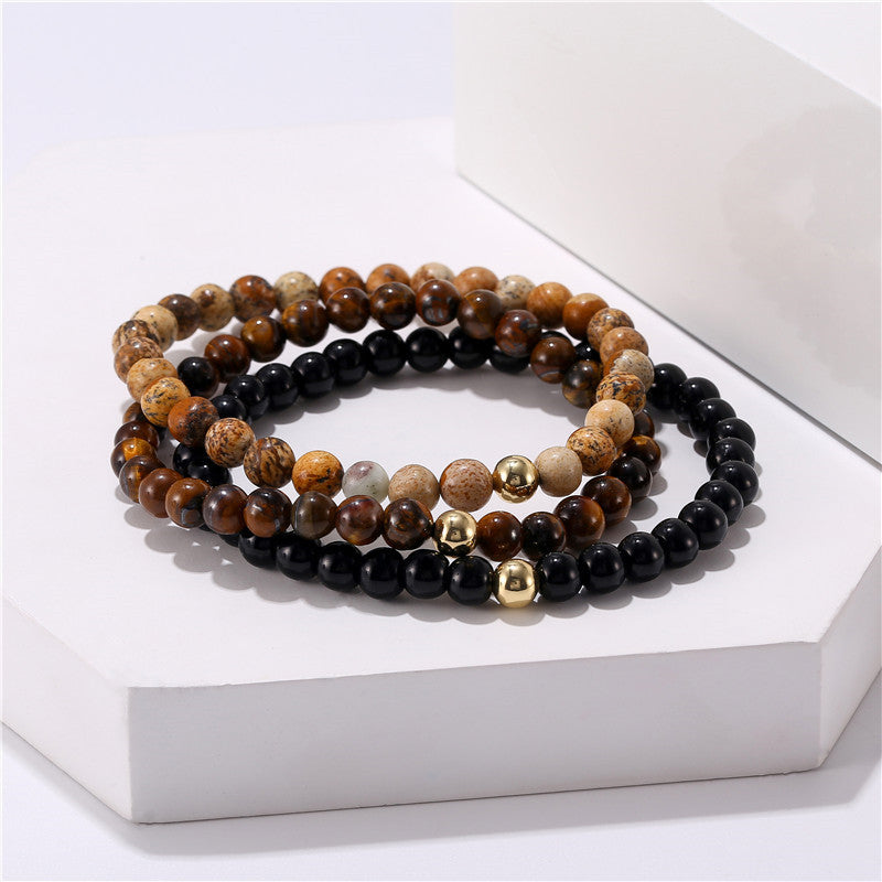 Matte Round Tiger Eye and Picture Stone Brass Beaded Bracelet Set
