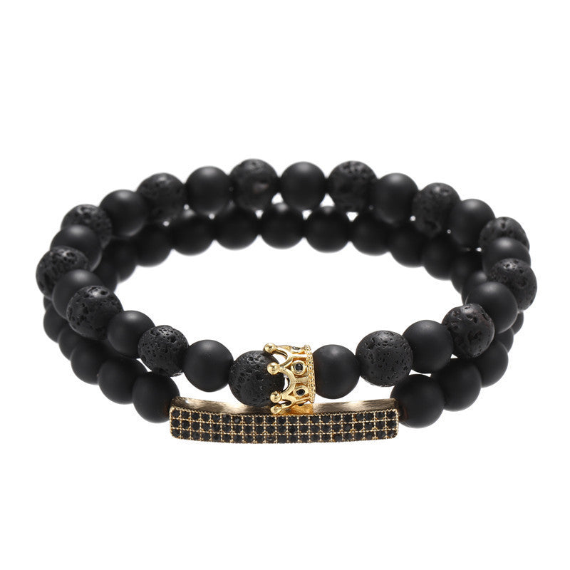 Geometric Crown Bracelet with Matte Black Stone and Cubic Zirconia, Alloy Plated Jewelry for Men and Women