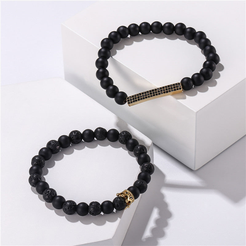 Casual Geometric Crown Alloy Bracelet Set with Micro-Inlaid Cubic Zirconia and Black Lava Stone