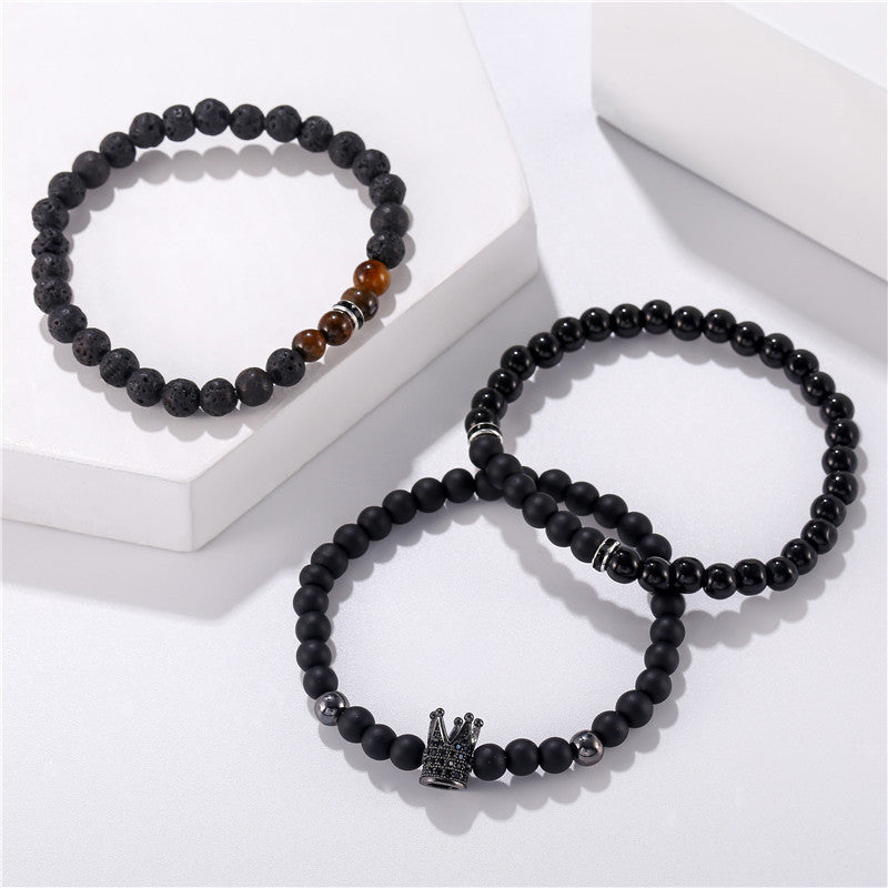 Vintage Punk Geometric Matte Brass Bracelet with Cubic Zirconia and Lava Stone for Men and Women