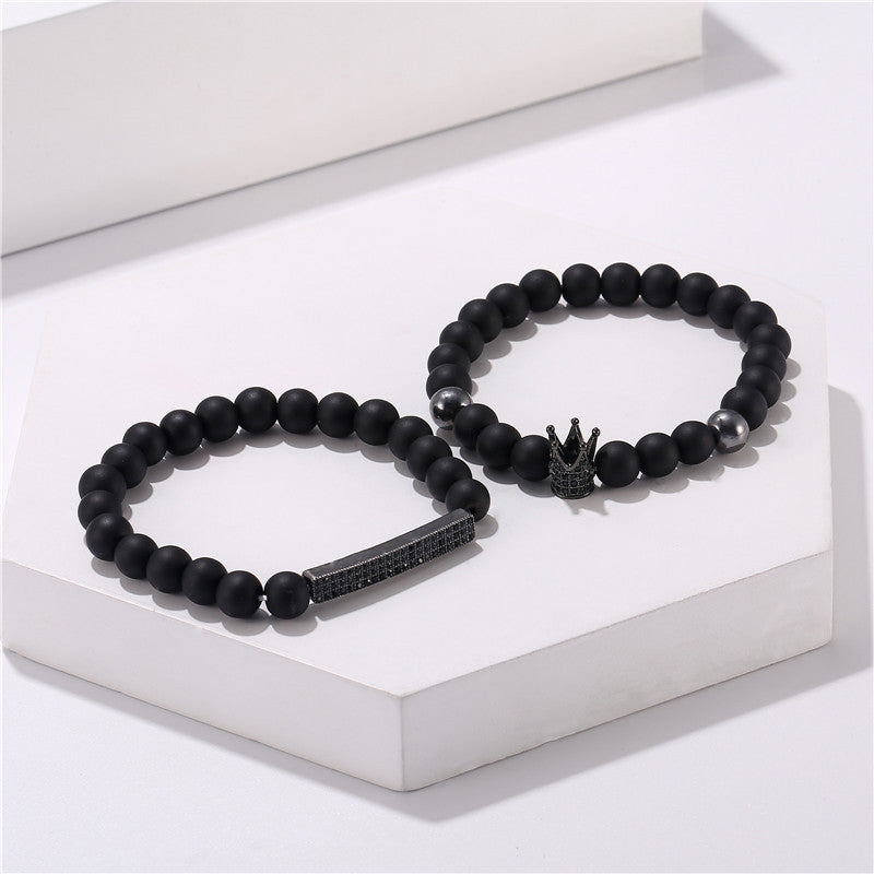 Matte Black Geometric Brass Bracelet with Cubic Zirconia Crown Inlay for Men and Women