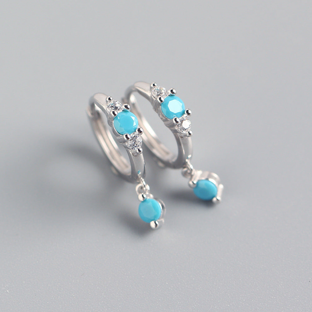 Bohemian 925 Sterling Silver Geometric Round Turquoise Cubic Zirconia Hoop Earrings for Women