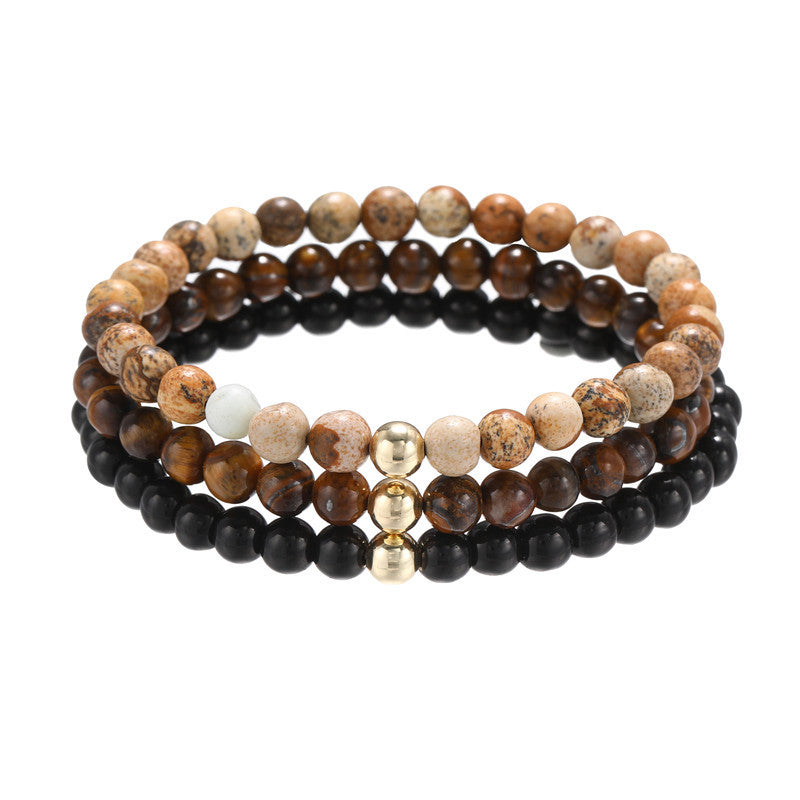 Matte Round Tiger Eye and Picture Stone Brass Beaded Bracelet Set