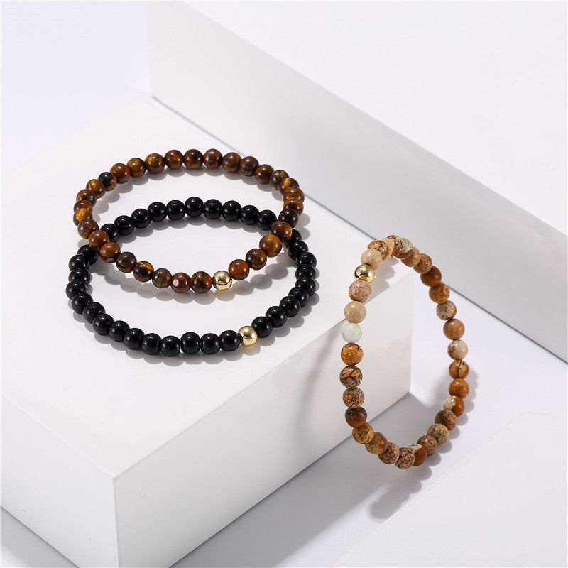 Matte Round Tiger Eye and Picture Stone Brass Beaded Bracelet Set