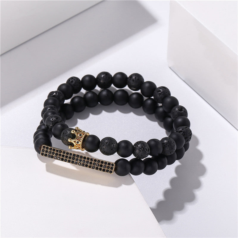 Casual Geometric Crown Alloy Bracelet Set with Micro-Inlaid Cubic Zirconia and Black Lava Stone