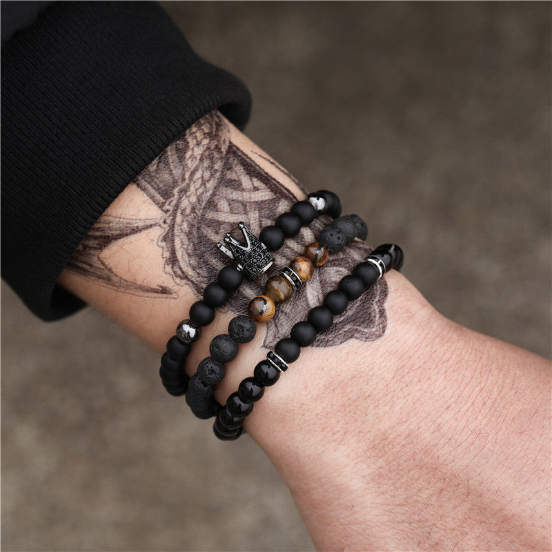 Vintage Punk Geometric Matte Brass Bracelet with Cubic Zirconia and Lava Stone for Men and Women