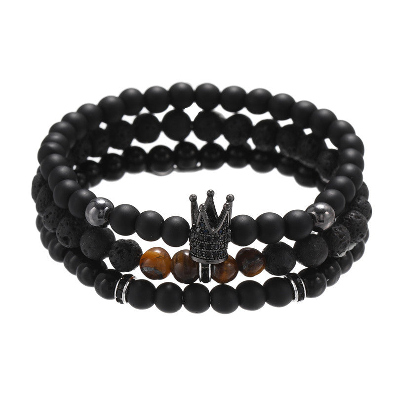 Vintage Punk Geometric Matte Brass Bracelet with Cubic Zirconia and Lava Stone for Men and Women