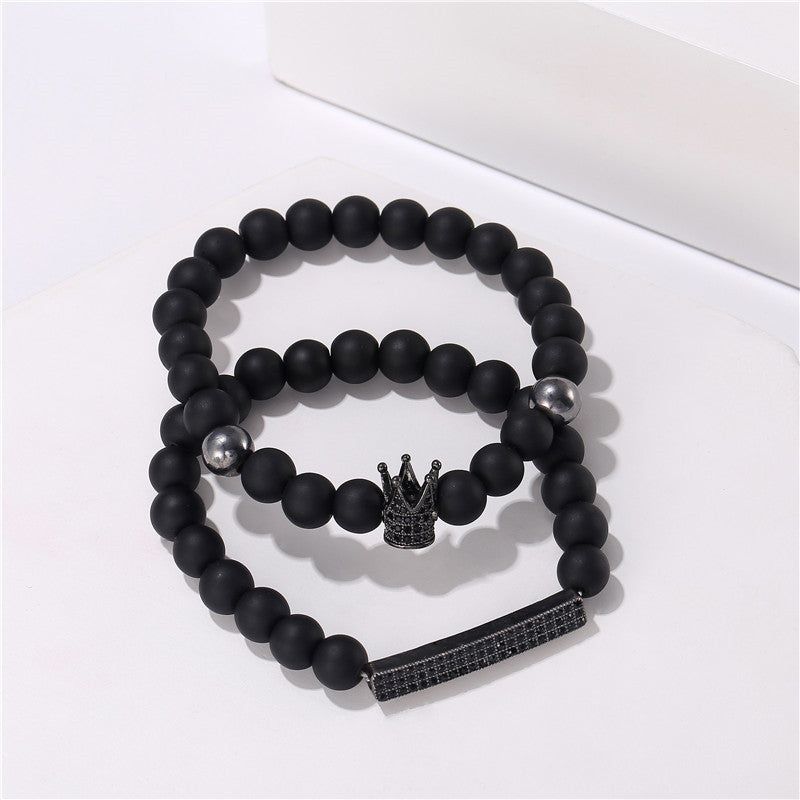 Matte Black Geometric Brass Bracelet with Cubic Zirconia Crown Inlay for Men and Women