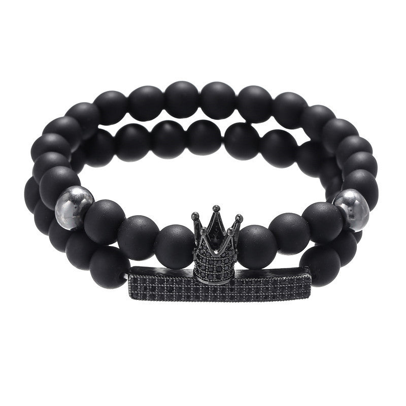 Matte Black Geometric Brass Bracelet with Cubic Zirconia Crown Inlay for Men and Women