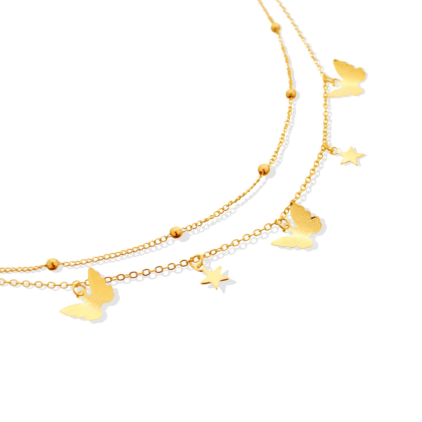 Women's Butterfly Star Pendant Necklace Alloy Plated Double Layer Round Bead Chain Fashion Jewelry