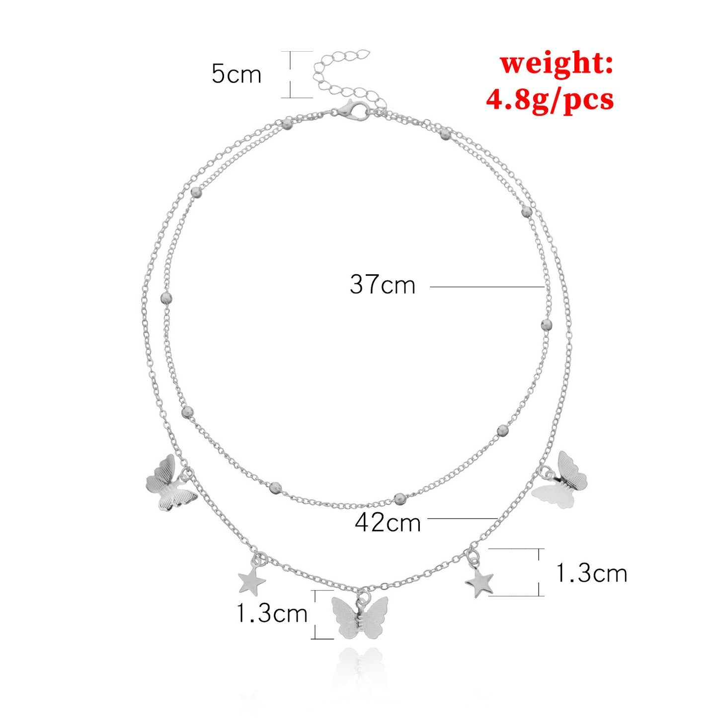 Women's Butterfly Star Pendant Necklace Alloy Plated Double Layer Round Bead Chain Fashion Jewelry