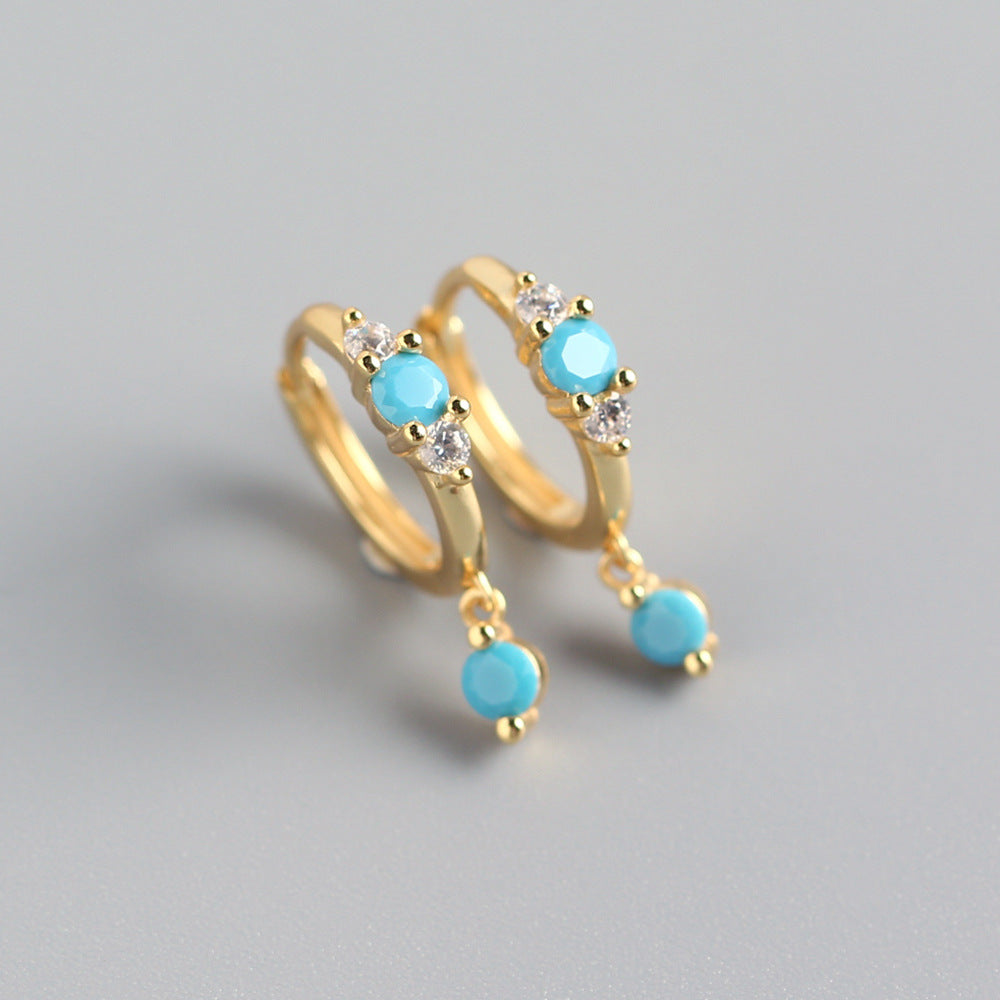 Bohemian 925 Sterling Silver Geometric Round Turquoise Cubic Zirconia Hoop Earrings for Women