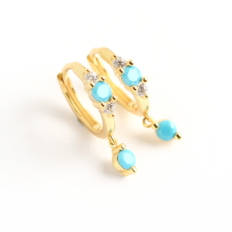 Bohemian 925 Sterling Silver Geometric Round Turquoise Cubic Zirconia Hoop Earrings for Women