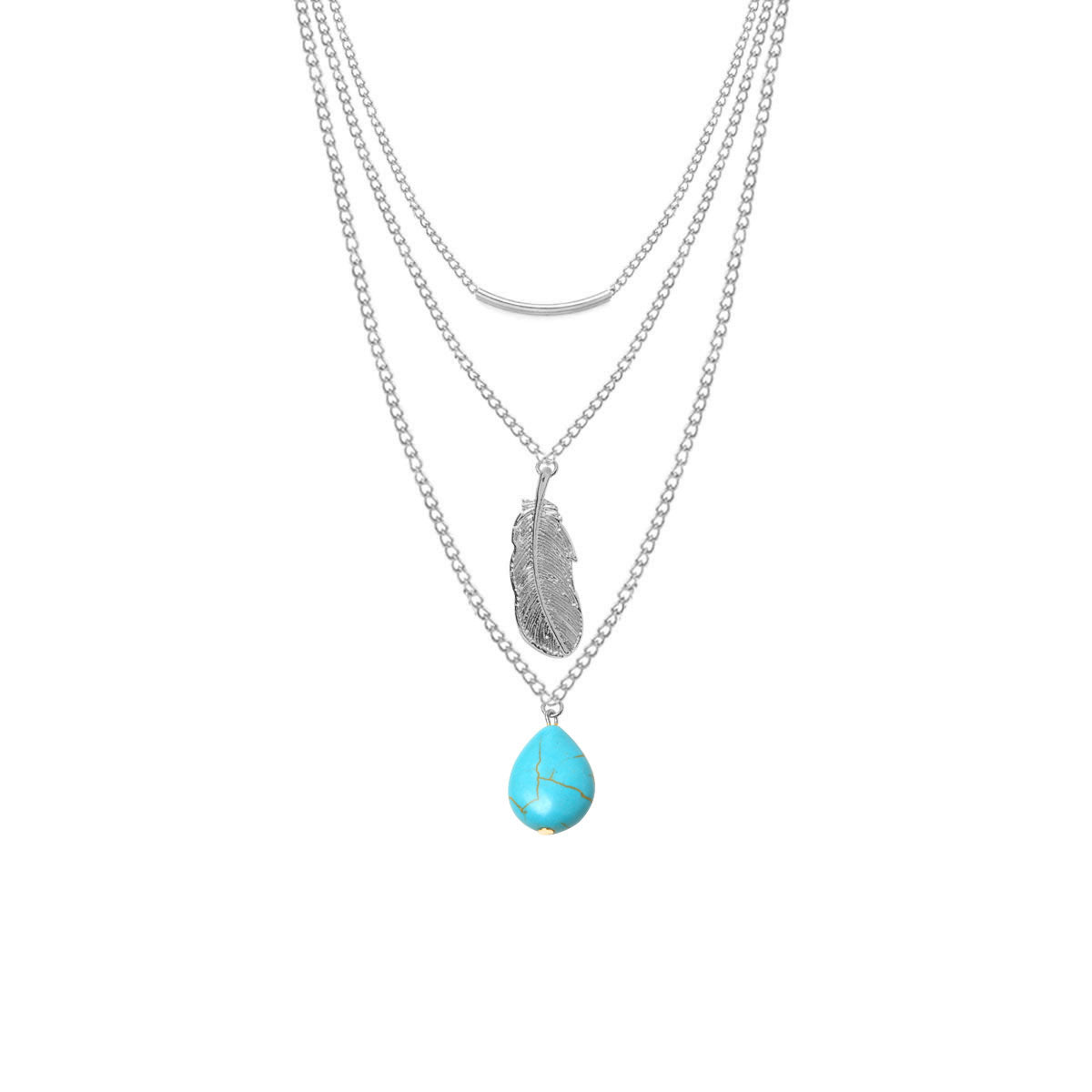 Minimalist Alloy Cross Chain Necklace with Turquoise Inlay and Leaf Teardrop Pendant